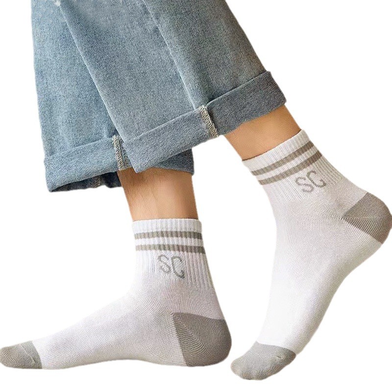 Custom logo casual striped cotton men's plain sports mid-calf length socks