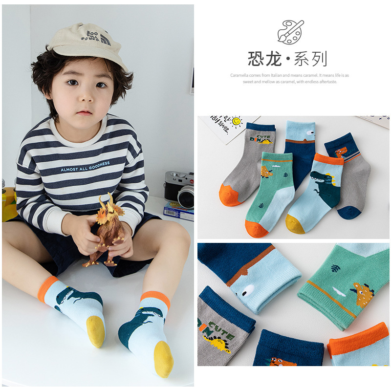 Cute Teen Boys School Cute Baby Jacquard Custom Design Children Cotton Cartoon Crew Handmade Knit dinosaur Socks