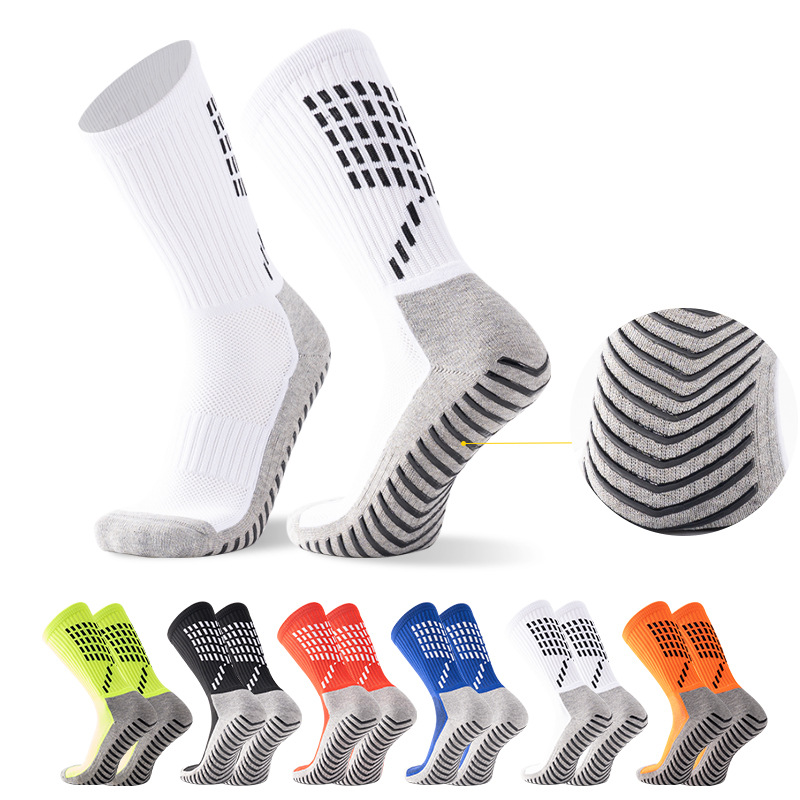 Sports rubber anti slip trampoline cotton custom design football socks grip socks own logo