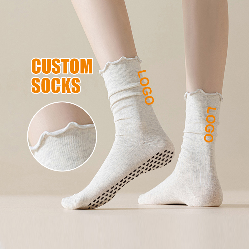 Fashion crew Ruffle design cotton pilates grip custom yoga socks for women non-slip grips female