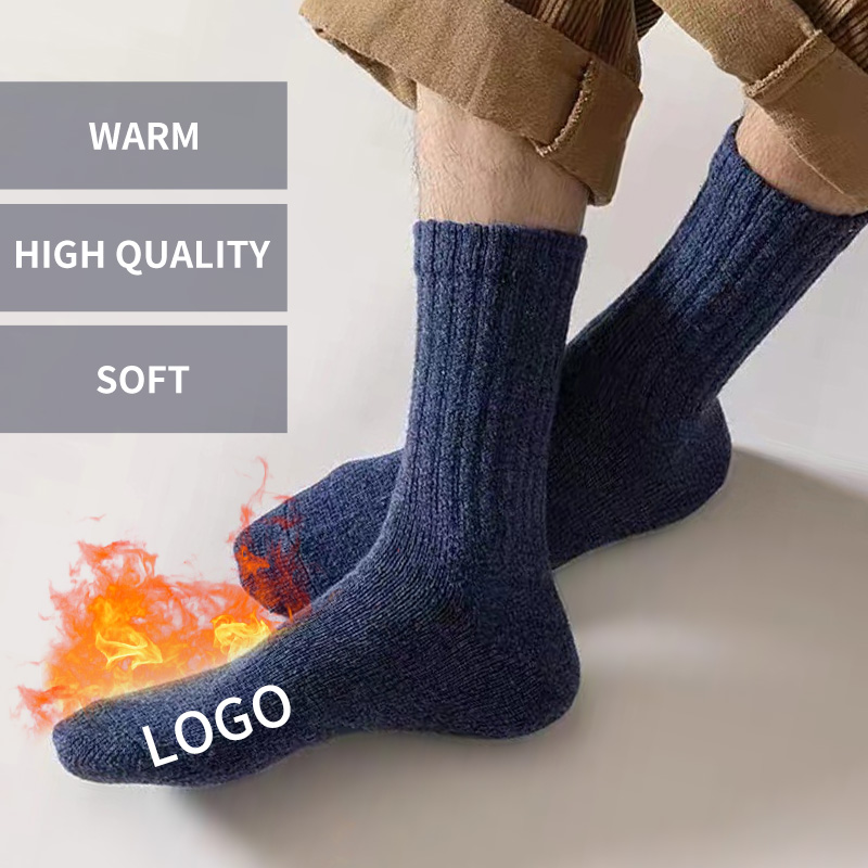 Custom Logo Thick Thermal Mens Work Socks Outdoor Running Handmade Hiking Wool Socks Thick Yarn Knitted