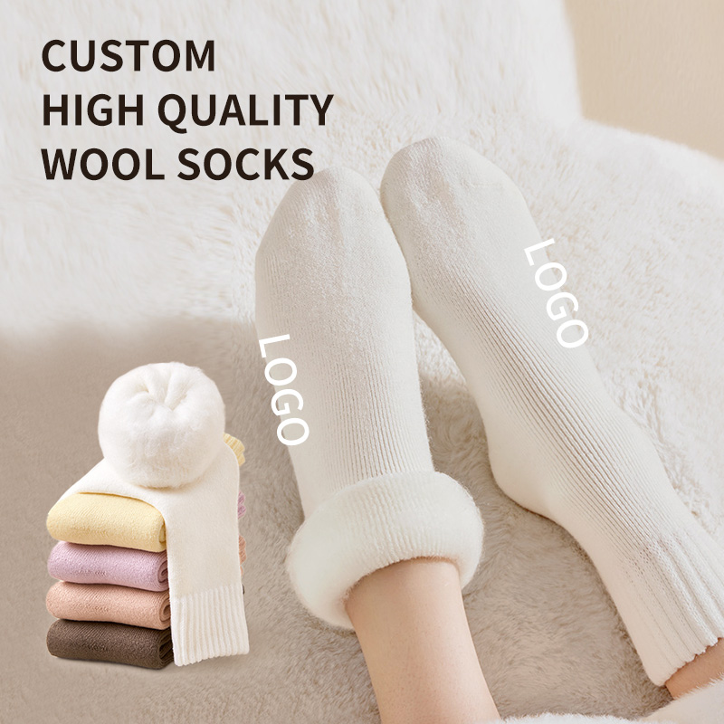 High Quality Winter Soft Cozy Cashmere Women Men Thermal Warm Thick Ribbed Hairy Merino Cuffed Mid Wool Socks