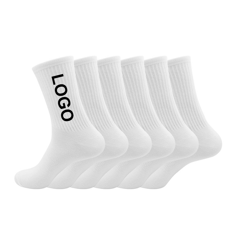 Sustainable eco friendly white cotton custom logo polyester mid crew sock mens crew sports socks for running