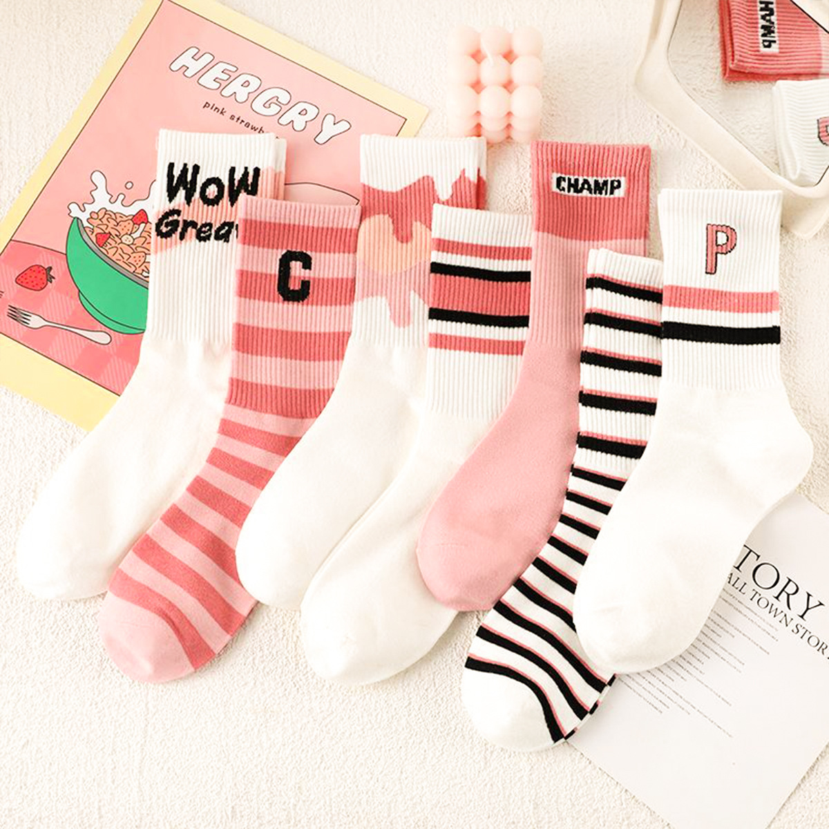 Custom high quality crew women's ribbed sport logo cotton pink running socks block