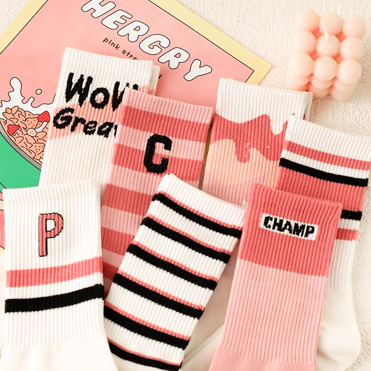 Custom high quality crew women's ribbed sport logo cotton pink running socks block